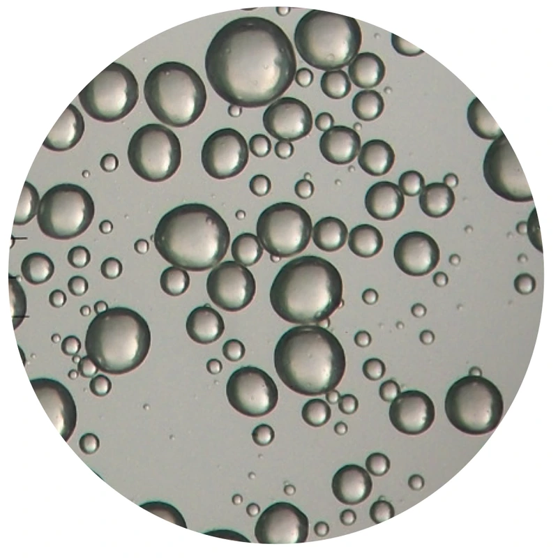 Manufacturer microscopy image of rounded Revanesse hyaluronic-acid gel particles